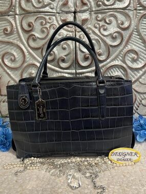 COACH Brooklyn 28  Blue Croc Embossed Leather Carryall bag 57116 Navy